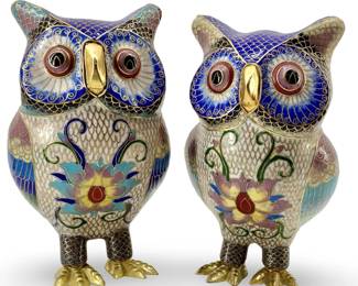 2pc Enameled Cloisonné Brass Owls
