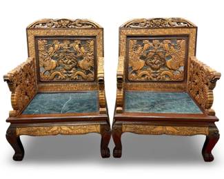 Chinese Carved Wood Dragon/ Marble Throne Chairs