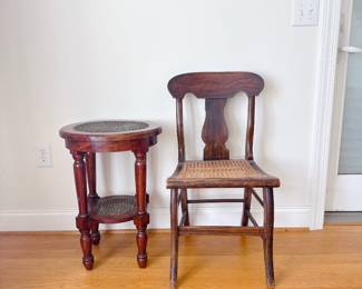 Antique wooden chair with cane seat & side table
