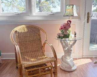Vintage Coastal Rattan Lounge Chair & White Resin Mermaid Side Table w/ Glass Top