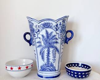 Tall Blue and White Chinoiserie Palm Tree Scalloped Vase with Handles, Boleslawiec Polish pottery shallow serving bowl stars