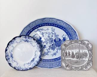 homer laughlin the angelus plate, colonial times by crown ducal england going to church brown square plate, the house of hanbury platter blue and white