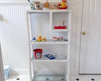 Vintage Coastal-style white rattan etagere 