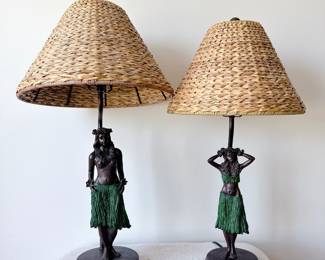vintage bronze metal hula girl table lamps