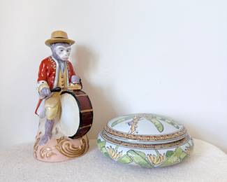 Andrea by Sadek porcelain monkey dummer & round trinket box "trade winds" tropical fruit pattern