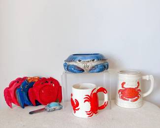 Kate McRostie Blue Crab Cheese/Dip Bowl w/Spreader, wooden crab coasters, crab mugs