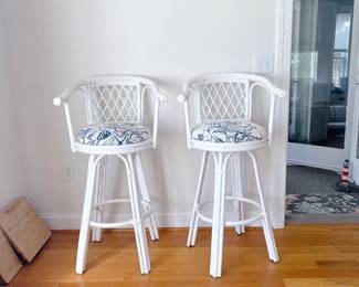 Pair of White Rattan Criss-Cross Barstools 