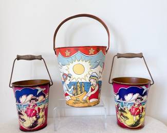 vintage lithographed tins and sand pail