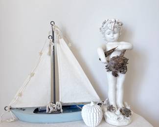 spode white cactus jam jelly jar, blue and white wooden model sailboat