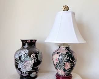 Vintage black chinoiserie table lamp hand-painted floral & a vintage Chinese Macau porcelain vase black enamel background