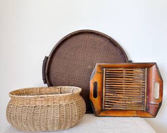 Vintage Bamboo Tortoiseshell Tray, rattan storage basket