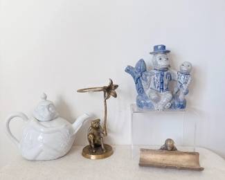 Vintage Chinoiserie Porcelain Monkey with child Teapot, Vintage brass monkey pen holder tray, Vintage brass monkey candle holder monkey holding palm tree, London Pottery 3-D MONKEY Teapot 4 Cup Capacity CLASSIC WHITE Ceramic