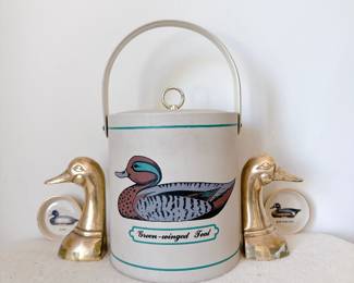 Vintage Ducks Unlimited By Milton C. Weiler Duck Widgeon Trinket Dish, vintage brass duck head bookends, Georges Briard Vintage Ice Bucket Green-winged Teal Duck MCM Barware Cream Vinyl
