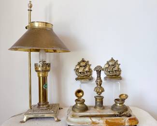 Vintage Orient Express Table Lamp Solid Brass Clawfoot Paris Istanbul, 19th century french marble and brass inkwell desk set brass figural bust, vintage brass sailing ship bookends doorstops