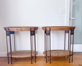 Pair of Vintage-style iron & wicker side tables