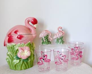 Large Pink Flamingo Hibiscus Flowers Ceramic Cookie Jar, K & B Pink Flamingo Salt & Pepper Shakers, flamingo tumblers