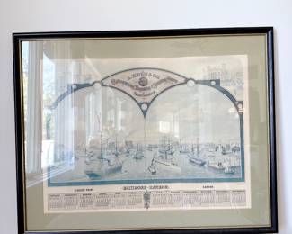 Vintage Baltimore Harbor Color Lithograph and Calendar by A. Hoen & Co.