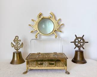 vintage brass footed casket box ship design wooden lined, solid brass ships wheel table bell,  Vintage 1950 Crab Magnifying Glass Or Paperweight Shiny Bold Brass Exotic