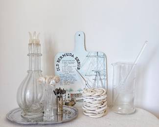 Vintage French Four-Chamber Glass Liqueur Decanter, Old Bermuda Shrub Cutting Board