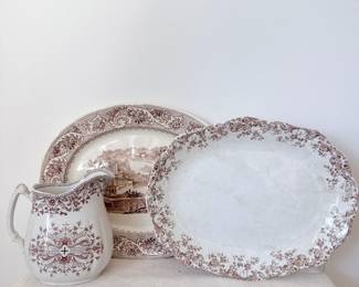 brown transferware platters and pitcher