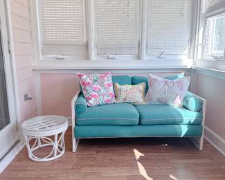 Coastal-Style Loveseat with Aqua Fabric and Side table