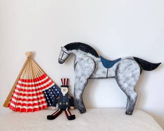 Wooden moveable horse, uncle sam, and american flag fan