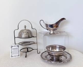 silver plate 3 tiered mini childs cake stand beauchamp collection, silver-plated gravy boat and underplate, onieda silver plated sauce bowl with attached underplate