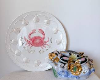 embossed crab seashell serving platter, vintage shiwan chinese crab sculpture