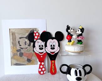 Vintage wooden mickey mouse paddle ball game, mickey mug, vintage schmid walt disney productions music box mickey and minnie