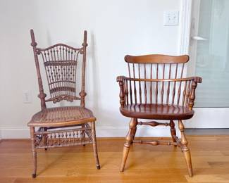 Antique wicker side chair & Nichols & Stone vintage solid maple windsor comb-back dining chair 