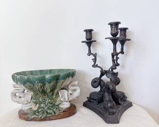 vintage bronze triple dolphin candelabra & vintage italian majolica centerpiece fruit bowl two white elephants