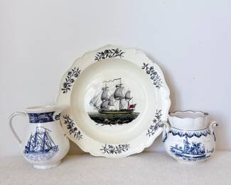 english nautical ship creamware soup plate, german delft blue and white ceramic creamer pitcher windmill scene, wedgwood friendship salem cream 