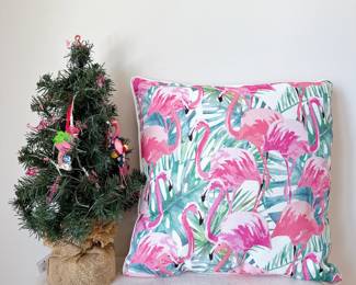 Pink flamingo tropical palm leaf throw pillow, small decorative artificial tree