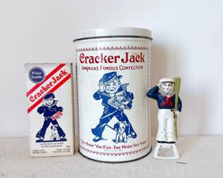 1980 Borden Cracker Jack Tin Canister Replica, Cast iron Cracker Jack Sailor Bottle Opener, Cracker Jack Snack Box 