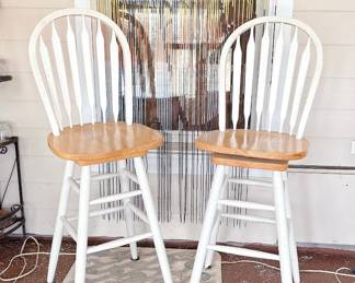 Pair of white & wood swivel bar stools