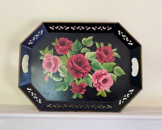 Black Metal Toleware Serving Tray with Rose Motif