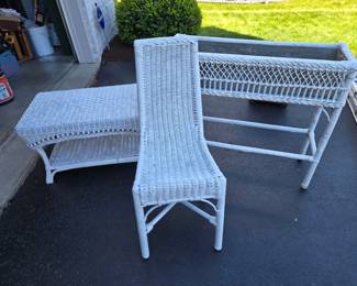 Wood wicker table, plant stand, & chair