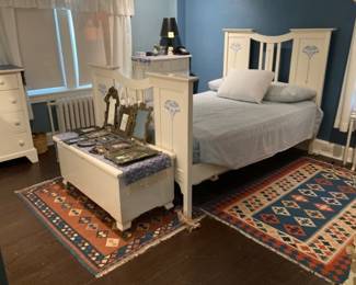 handpainted Arts & Crafts full size bed / Baluch rugs / (picture frames sold)