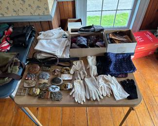 Vintage ties, belt buckles and gloves