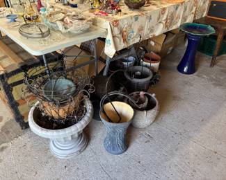 flower pots and birdbath