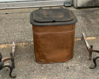Lot 14: Antique fireplace equipment: pair of andirons and copper kindling or Ash bucket