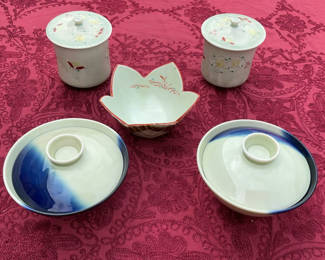 Lot 37: Vintage Japanese Ceramic bowls with lids and a leaf-shaped dish
