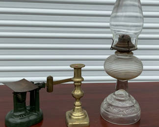 Lot 35: Metal Scale, Hurricane Lamp, Brass Candlestick