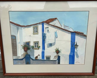 Lot 6: Framed watercolor painting: Gato da Casa Azul