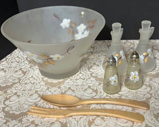 Lot 46: Vintage Frosted Glass Salad Bowl and extras