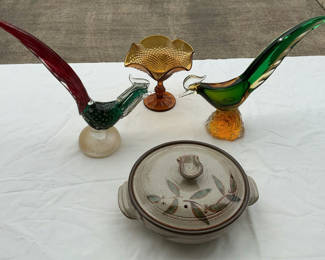 Lot 23: Blown Glass Roosters, Amber Dish And Ceramic Baking Dish