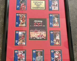 Lot 44: Framed Basketball Cards, Chicago Bulls Champions, Michael Jordan
