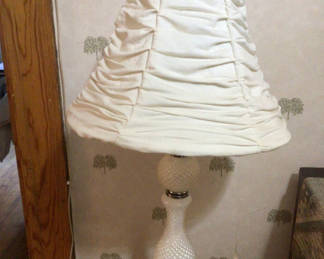Lot 69: White hobnail glass table lamp with fabric shade