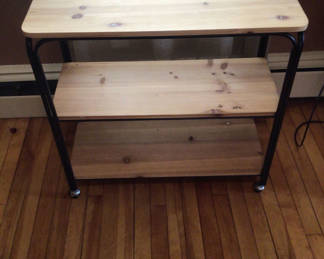 Lot 4: Three-tier wooden rolling cart with metal frame