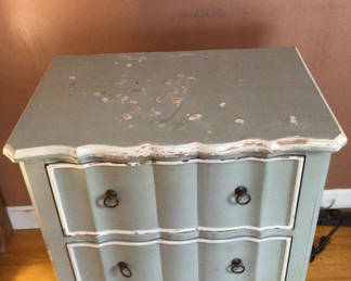 Lot 1: Distressed blue-gray two-drawer nightstand with scalloped fronts